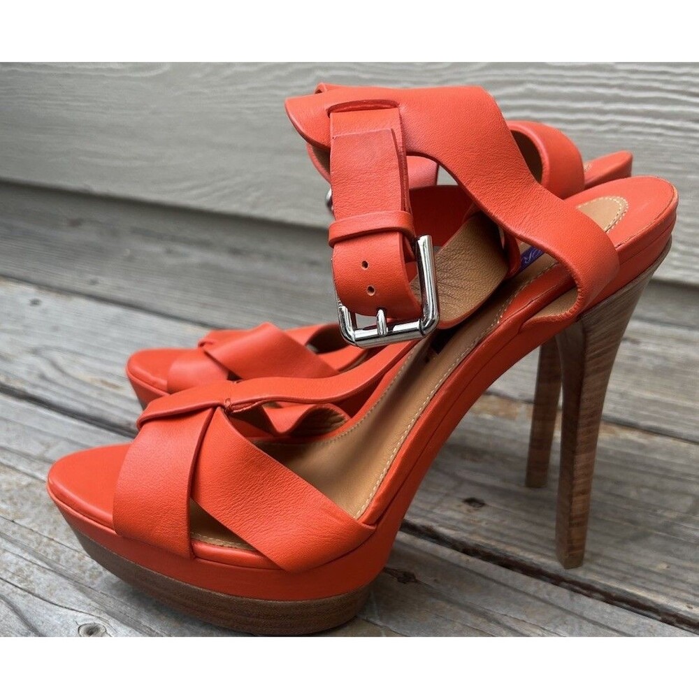 Ralph Lauren Purple Label Women’s 39.5 B Orange Leather 5" Heel Sandals Italy - Picture 8 of 15